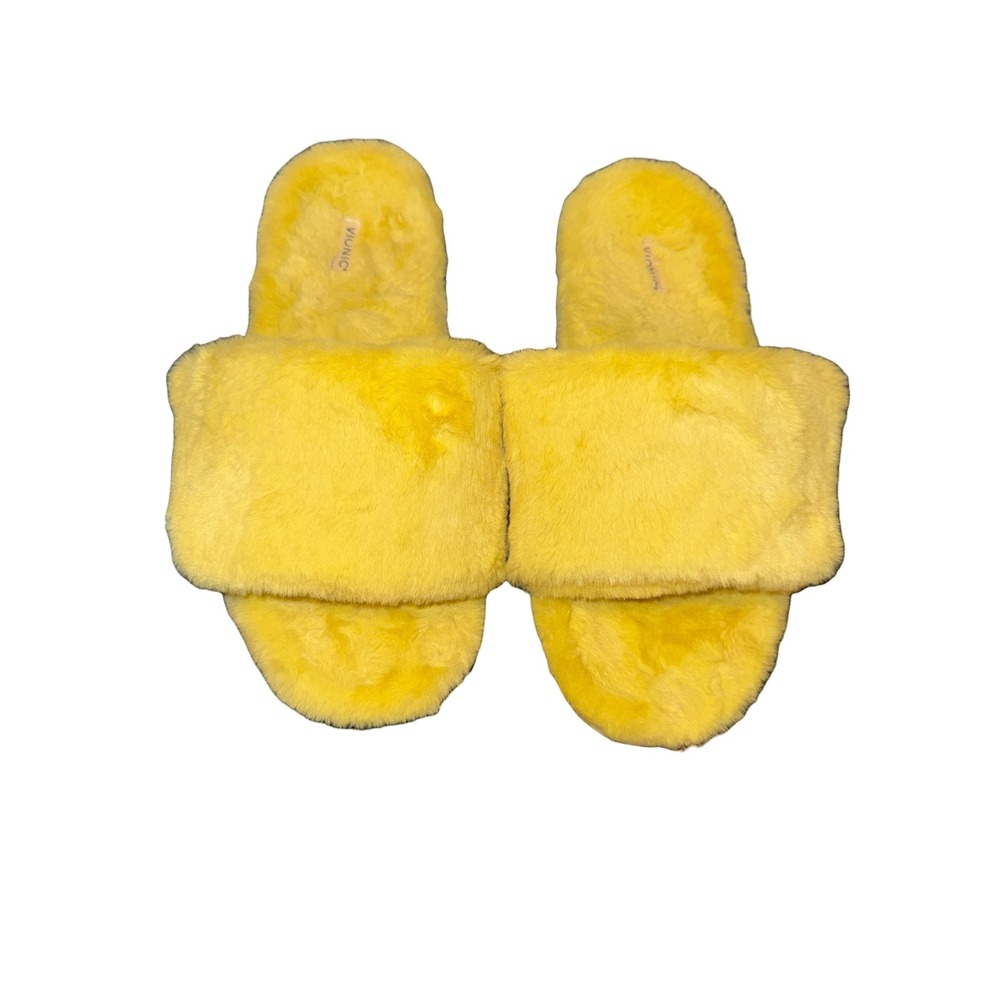 Vionic Dream Slippers Womens 9.5 Yellow Faux Fur Adjustable Slide Sandals